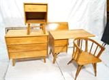 Lot 239  -  6pc HEYWOOD WAKEFIELD Rattan Furniture. Desk. Barrel back chair. Night Stand. Two Headboards. Wall Mirror. Three drawer dresser. Desk has two drawers. Paper label on chair. Desk is stamped. -- Dimensions:   --- 