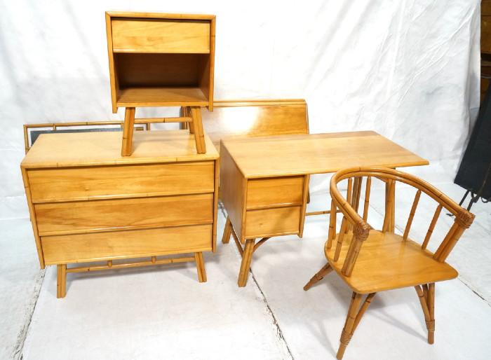 Lot 239  -  6pc HEYWOOD WAKEFIELD Rattan Furniture. Desk. Barrel back chair. Night Stand. Two Headboards. Wall Mirror. Three drawer dresser. Desk has two drawers. Paper label on chair. Desk is stamped. -- Dimensions:   --- 