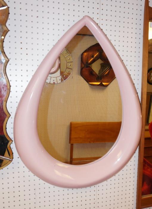 Lot 243  -  KARL SPRINGER style Pink Lacquered Wall Mirror Shelf. Teardrop Mirror. Semi circle wall shelf. No marks.-- Dimensions:   --- 