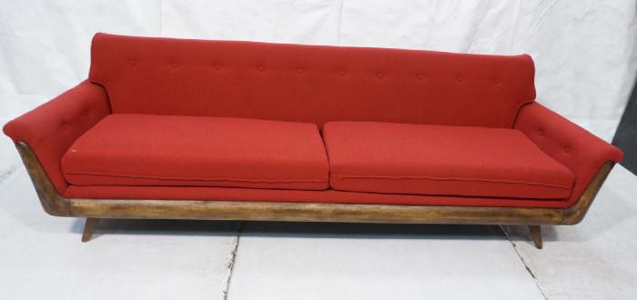 Lot 245  -  ADRIAN PEARSALL Walnut Sofa Couch. Reddish fabric upholstery. Walnut frame. Two seat cushions. -- Dimensions:  H: 28 inches: D: 34 inches: L: 94 inches --- 