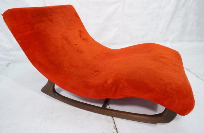 Lot 246  -  ADRIAN PEARSALL Rocking Chaise Lounge. Walnut frame. Red plush fabric. -- Dimensions:  H: 25 inches: W: 37 inches: D: 59 inches --- 