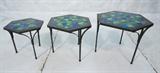 Lot 219  -  Set 3 Iron Nesting Tables. Hexagon shaped. Glazed Ceramic Mosaic Tile Top. -- Dimensions:  H: 18.5 inches: W: 21 inches: D: 21 inches --- 
