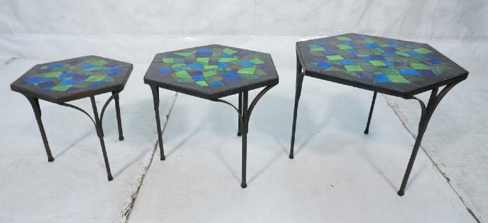 Lot 219  -  Set 3 Iron Nesting Tables. Hexagon shaped. Glazed Ceramic Mosaic Tile Top. -- Dimensions:  H: 18.5 inches: W: 21 inches: D: 21 inches --- 