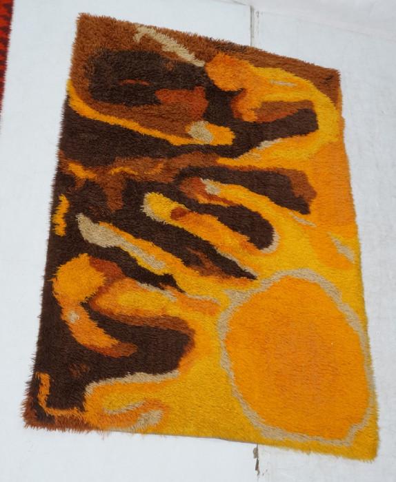 Lot 256  -  Shag Rug Carpet. Orange, Brown, Yellow Abstract. Not marked. -- Dimensions:  H: 71 inches: W: 48 inches --- 