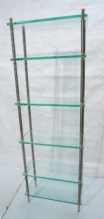 Lot 260  -  Regency style Stainless & Brass Etagere. Six thick glass shelves. Uprights with brass details.-- Dimensions:  H: 77 inches: W: 26 inches: D: 12 inches --- 