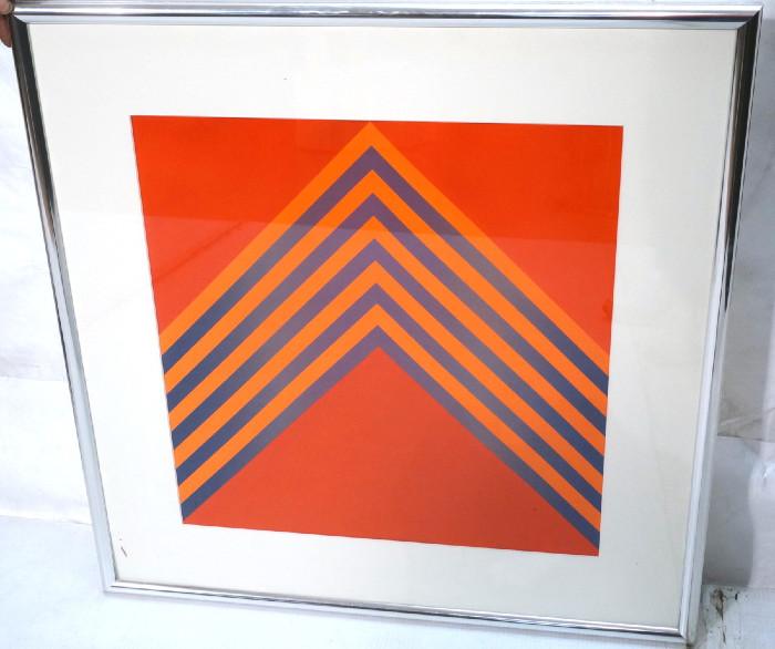 Lot 263  -  Graphic Op Art Print. Signed. Dated. Orange & Blue bands on Red Background. -- Dimensions:  Image Size: H: 20 inches: W: 20 inches --- 