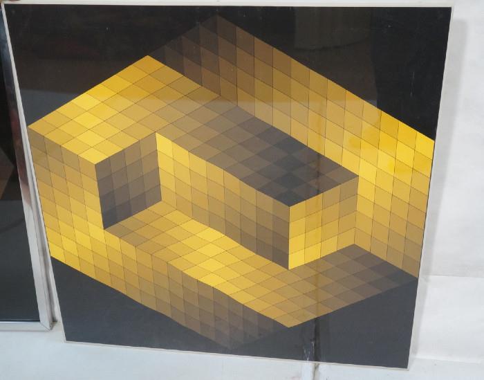 Lot 264  -  VASARELY Op Art Silkscreen Print. Cubes in yellow and ombre shades. "GESTALT" 1970. Edit 55/200. Gallery Label on back. Signed.-- Dimensions:  H: 31.5 inches: W: 31.5 inches --- 