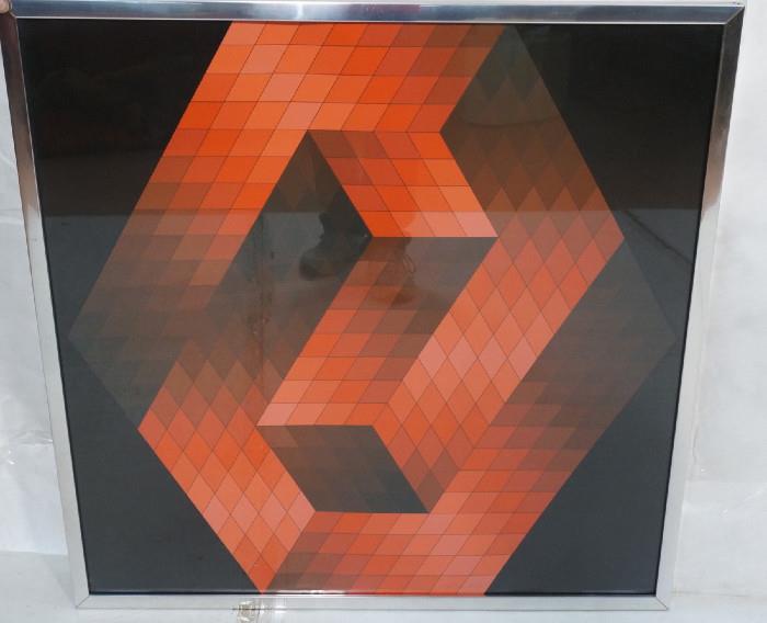 Lot 265  -  VASARELY Op Art Silkscreen Print. Cubes in red and brown shades. Signed. Denise Rene Editeur seal. 155/250.-- Dimensions:  Image Size: H: 31 inches: W: 31 inches --- 