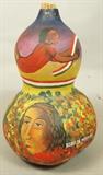 Lot 269  -  RODOLFO MORALES Hand Painted Gourd. Mexican. Portraits of Women amongst Flowers. Mexican Flag Banner. Corn Cob Stopper. Signed. -- Dimensions:  H: 13 inches: W: 8 inches --- 