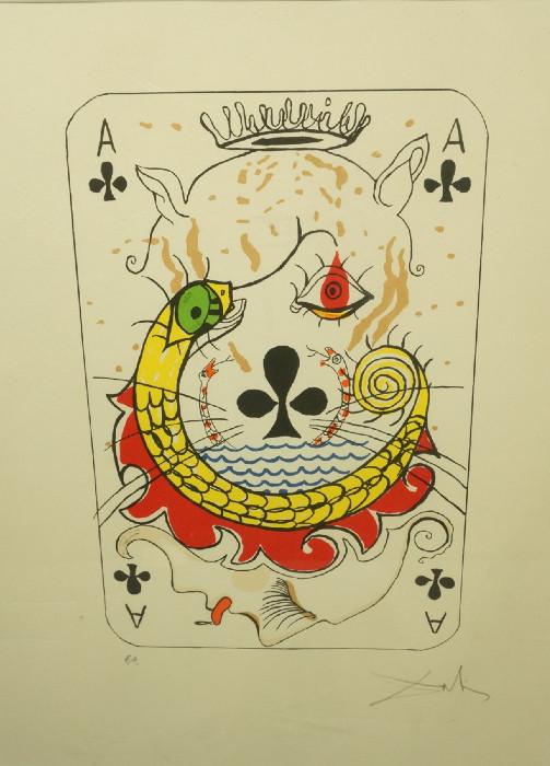 Lot 270  -  SALVADOR DALI "Ace of Clubs". Surrealist Print. Pencil Signed; E.A.-- Dimensions:  Image Size: H: 20.5 inches: W: 16 inches --- 