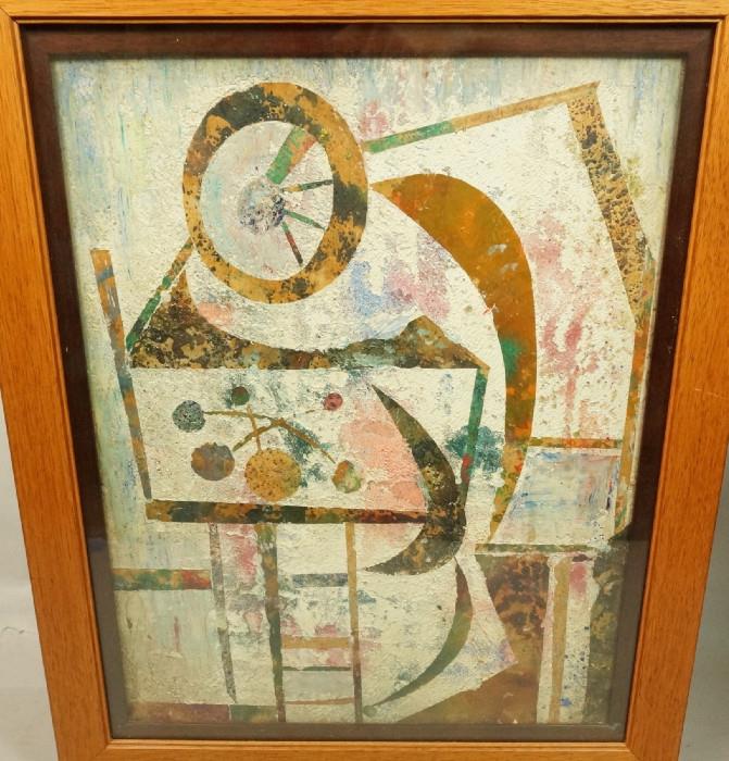 Lot 271  -  Modernist Painting Collage. Miro-esque images in thick paint with applied paper details. Not signed.-- Dimensions:  H: 19.75 inches: W: 19.75 inches --- 
