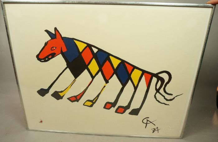 Lot 272  -  ALEXANDER CALDER Lithograph Print. Image of 7 legged dog. This lithograph was conceived by Calder based on his mural for "Flying Colors." It is one of the series of lithos which together comprise the Flying Colors Collection. "Flying Colors" was commissioned by Braniff International. Label on reverse. Marked CA 74. Embossed Flying Colors Collection. -- Dimensions:  Image Size: H: 20 inches: W: 25.75 inches --- 