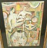 Lot 274  -  BERD Modernist Abstract Pastel Drawing. Acrobatic Figures with suspended balls. Signed & dated '50.-- Dimensions:  Image Size: H: 18 inches: W: 14.75 inches --- 