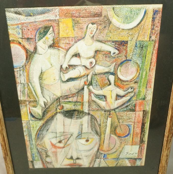 Lot 274  -  BERD Modernist Abstract Pastel Drawing. Acrobatic Figures with suspended balls. Signed & dated '50.-- Dimensions:  Image Size: H: 18 inches: W: 14.75 inches --- 
