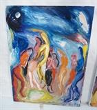 Lot 276  -  ALFRED ORTEGA Oil Painting on Canvas. Standing Figures in Moonlight. "Figures on the Jetty". Signed.-- Dimensions:  H: 40 inches: W: 30 inches --- 