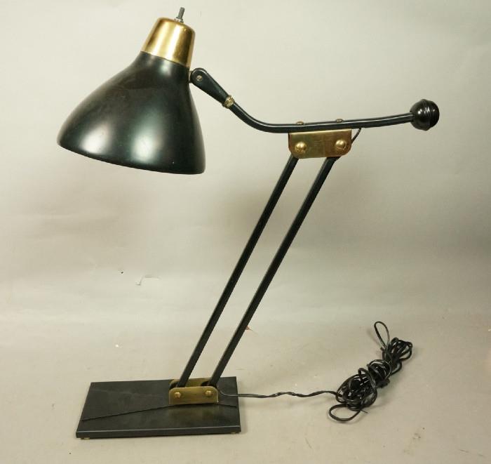 Lot 281  -  Modernist Black Enamel Brass Hinged Desk Lamp. Cantilever Design Table Lamp. Brass accents. Not marked. -- Dimensions:  H: 25 inches: W: 8 inches: D: 19 inches --- 