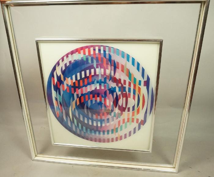 Lot 280  -  YAACOV AGAM (Israeli, b. 1928) Agamograph
edition 54/99. Concentric Circles/ Target; Colorful Ribbons. Signed Agam -- Dimensions:  Image Size: H: 15 inches: W: 14 inches --- 