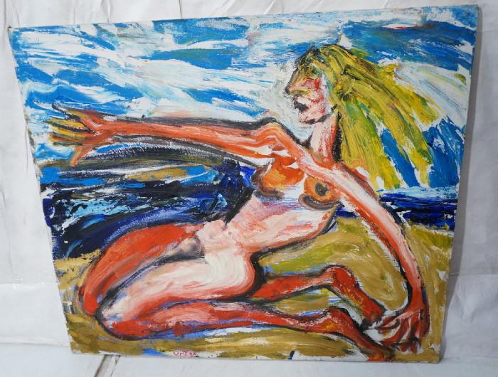 Lot 279  -  ALFRED ORTEGA Oil Painting on Canvas. "Surfer Girl". Outsider Art. Signed. -- Dimensions:  Image Size: H: 36 inches: W: 42 inches --- 