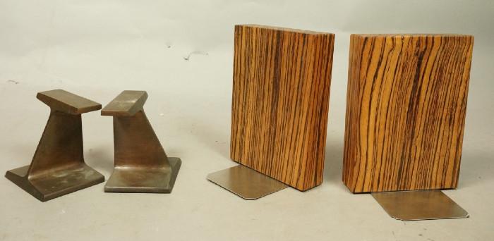 Lot 283  -  2pr Bookends. 1). Pr Zebrawood Bookends marked Don Owen Designs. 2). Pr I beam steel bookends. -- Dimensions:  H: 7.5 inches: W: 5.5 inches: D: 4 inches ---  <br><br>US Shipping charge:</b>  $35