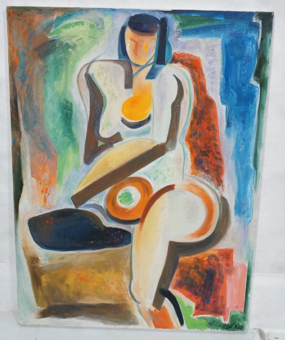 Lot 287  -  MAY BENDER Signed Oil Painting. Portrait of Nude Woman. Signed & dated 2000. Reminiscent of Sonia Delauney.-- Dimensions:  Image Size: H: 40 inches: W: 30 inches --- 