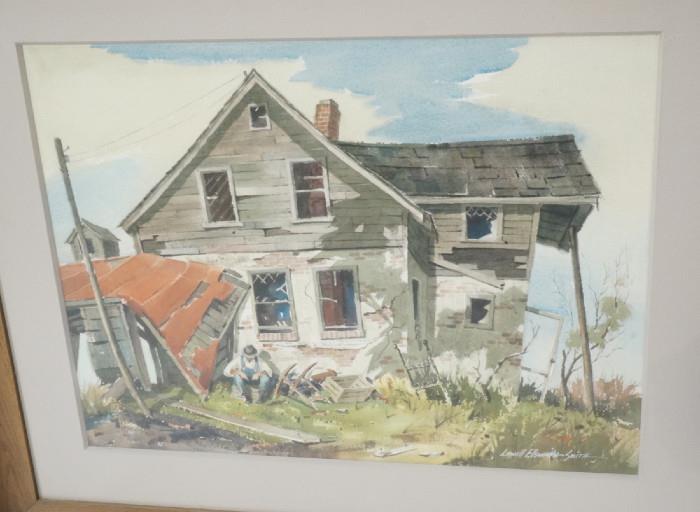 Lot 288  -  LOWELL ELLSWORTH SMITH Watercolor Landscape Painting. Figure and Dilapidated House. Signed.-- Dimensions:  Image Size: H: 18 inches: W: 23.5 inches --- 
