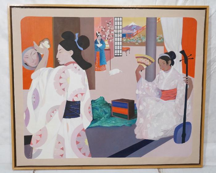 Lot 291  -  Large OSCAR D'AMICO Oil Painting Geisha Girls. One with Mirror. One with Instrument. Signed.-- Dimensions:  Image Size: H: 59.75 inches: W: 71.5 inches --- 