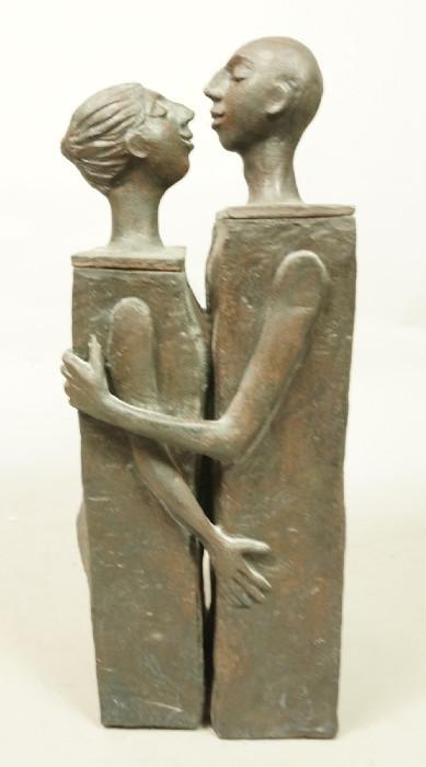 Lot 292  -  Modernist Pottery Sculpture. Marked REP 80. Lidded Box Sculpture of Embracing Couple. Marked on back.-- Dimensions:  H: 13.5 inches: W: 7 inches: D: 6 inches --- 