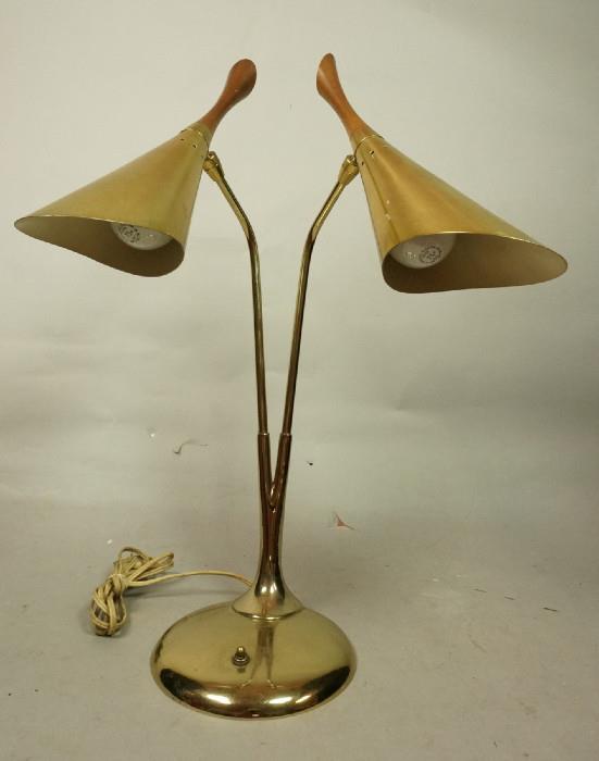 Lot 295  -  Modernist Two Arm Brass Table Lamp. Two brass cone shaped shades with walnut details.-- Dimensions:  H: 22 inches: W: 17 inches: D: 10 inches --- 
