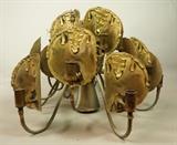 Lot 296  -  Brutalist Brass Hanging Chandelier. TOM GREENE. Curved Discs with welded drip details. -- Dimensions:  H: 15.5 inches: W: 24 inches --- 