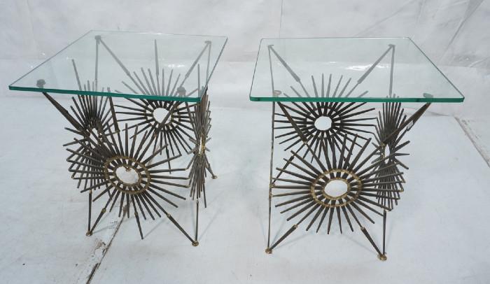 Lot 301  -  Pr Brutalist Welded Nail Starburst Side Tables. Glass Tops. Square form.-- Dimensions:  H: 19 inches: W: 16 inches: D: 16 inches --- 