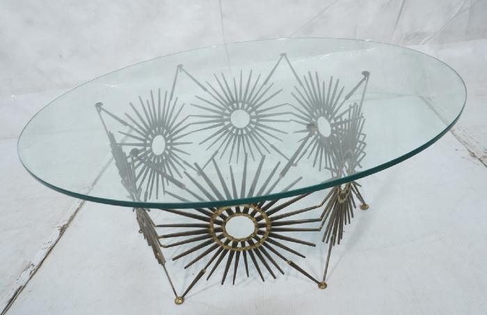Lot 302  -  Brutalist Welded Nail Starburst Coffee Cocktail Table. Round Glass Top. -- Dimensions:  H: 14.5 inches: W: 36 inches: D: 36 inches --- 
