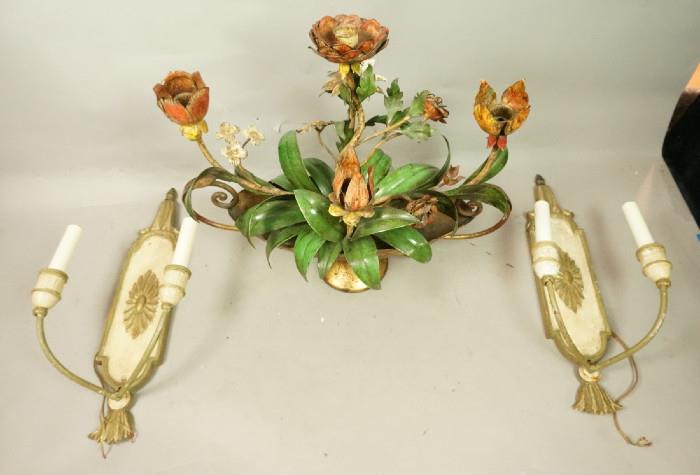 Lot 310  -  Candle Lot. Two Arm Wall Sconces. Paint Decorated Gessoed Wood. Probably Italian. Italian Iron Toleware Decorated Centerpiece Candlestick. Floral. Holds 5 candles. -- Dimensions:  H: 18 inches: W: 19.5 inches: D: 11 inches --- 
