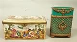 Lot 311  -  2pc Ceramic Lot. 1). Antique Capodimonte Lidded Pottery Box. 2). Metal Mounted green glazed Pottery Vase. Floral & lattice design. -- Dimensions:   ---  <br><br>US Shipping charge:</b>  $35