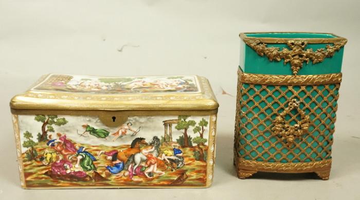 Lot 311  -  2pc Ceramic Lot. 1). Antique Capodimonte Lidded Pottery Box. 2). Metal Mounted green glazed Pottery Vase. Floral & lattice design. -- Dimensions:   ---  <br><br>US Shipping charge:</b>  $35