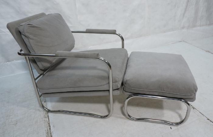Lot 313  -  Hoffman Style Lounge Chair and Ottoman.  Gray ultra suede.  Tubular chrome.-- Dimensions:  H: 30.5 inches: W: 26.75 inches: D: 35.5 inches --- 