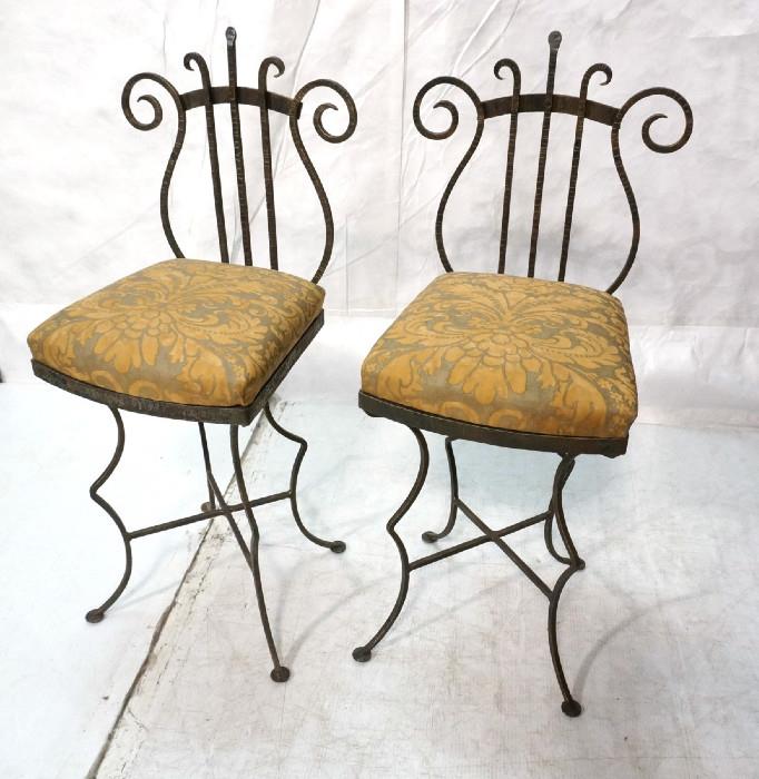 Lot 321  -  Pair French Iron Style Stools.  Upholstered in Fortuny fabric.  Deco Iron.-- Dimensions:  H: 36.5 inches: W: `15.5 inches: D: 15 inches --- 