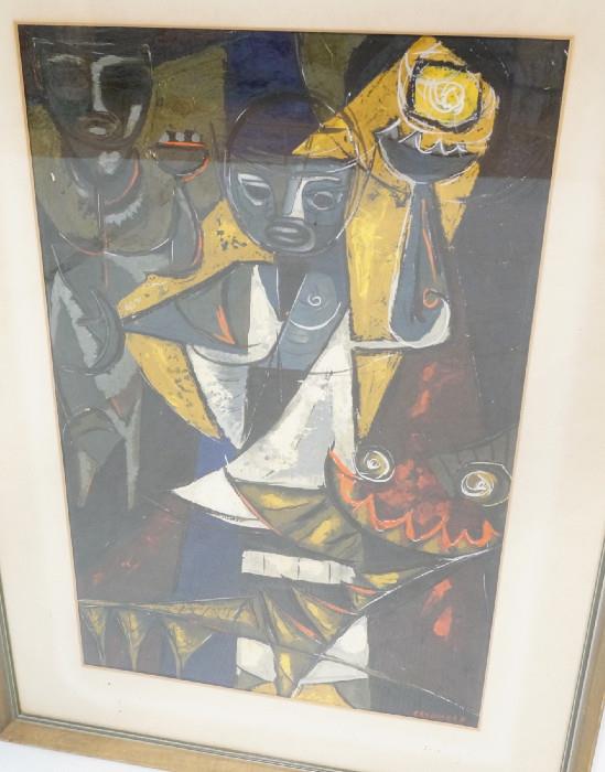 Lot 326  -  Cevallose Oil Painting on Paper.  Abstract figures.  Under glass.-- Dimensions:  Image Size: H: 22 inches: W: 14.25 inches --- 