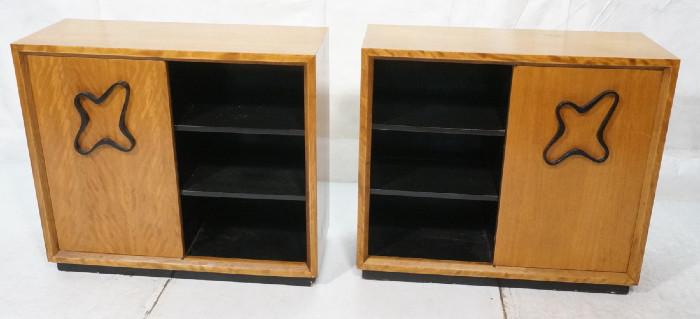Lot 328  -  Pair 50's Modern 1 Door Cabinets with Biomorphic handles.  Natural and black lacquer.-- Dimensions:  H: 35 inches: W: 40 inches: D: 16.25 inches --- 