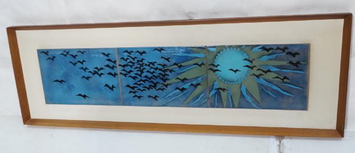 Lot 329  -  Judith Daner Attributed Enamel Wall Plaque.  Three 7.5 x 11 enamel panels.  Sun and birds.-- Dimensions:  Image Size: H: 7.5 inches: W: 33.25 inches --- 