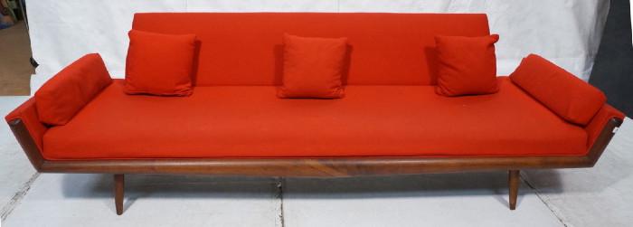 Lot 337  -  Adrian Pearsall Sofa Couch.  American Modern Walnut.  Red upholstery.  Tapered legs.  -- Dimensions:  H: 29.5 inches: W: 100 inches: D: 31 inches --- 