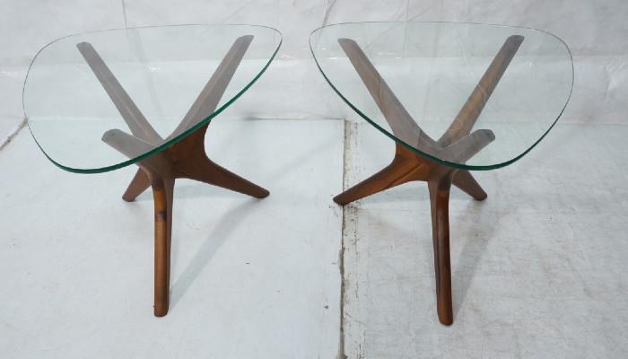 Lot 338  -  Pair Adrian Pearsall  Side End Table.  American Modern Walnut.  Triangle shaped glass.  -- Dimensions:  H: 20 inches: W: 24 inches: D: 27 inches --- 