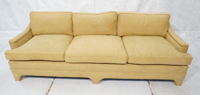 Lot 354  -  Decorator Ultra Suede Sofa Couch.  Upholstered to the floor.  Swoop arms and loose cushions.-- Dimensions:  H: 26 inches: W: 83 inches: D: 33.75 inches --- 