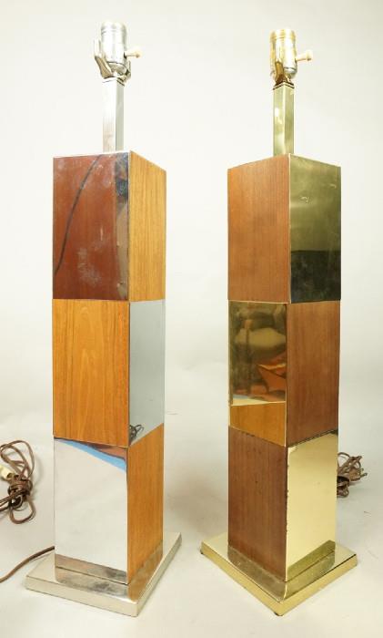 Lot 358  -  2  Metal and Wood Panel Table Lamps.  Probably Laurel.  1 with gold panels and 1 with silver panels.-- Dimensions:  H: 27.25 inches: W: 6 inches --- 