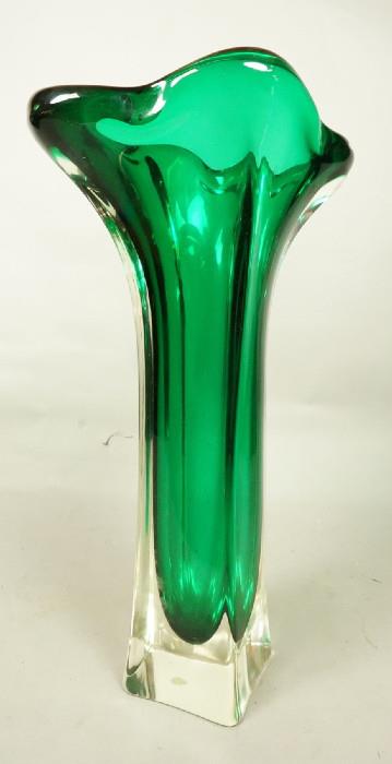 Lot 356  -  Large Murano Glass Vase.  Case glass Green interior.  Flared top.-- Dimensions:  H: 19 inches: W: 10.25 inches: D: 7.25 inches --- 