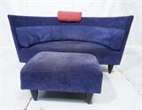 Lot 360  -  Memphis Style Love seat Sofa with Ottoman.   Purple/blue with pink head cushion.  Ebonized legs.-- Dimensions:  H: 38.5 inches: W: 67.75 inches: D: 34 inches --- 