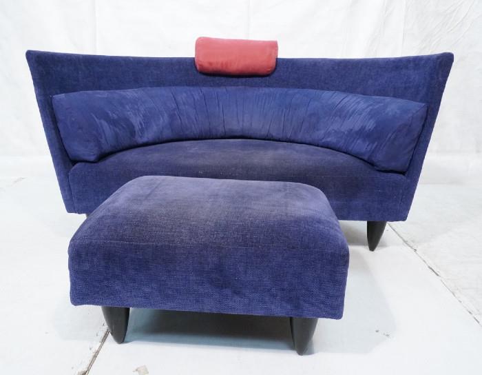 Lot 360  -  Memphis Style Love seat Sofa with Ottoman.   Purple/blue with pink head cushion.  Ebonized legs.-- Dimensions:  H: 38.5 inches: W: 67.75 inches: D: 34 inches --- 