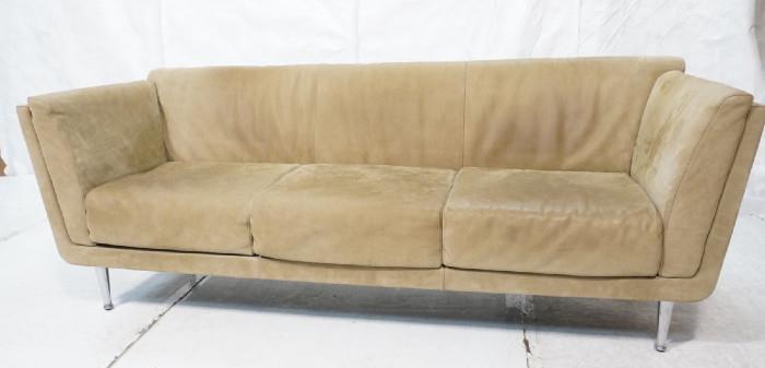 Lot 361  -  Herman Miller Sueded Leather Sofa Couch.  Wood back and sides frame. Upholstered with loose seat cushion.-- Dimensions:  H: 32.5 inches: W: 85.25 inches: D: 32 inches --- 