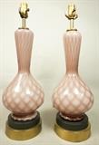 Lot 362  -  Pair Purple Murano Glass Table Lamps.  Diamond quilted design.  Metal bases.-- Dimensions:  H: 24 inches: W: 8 inches --- 