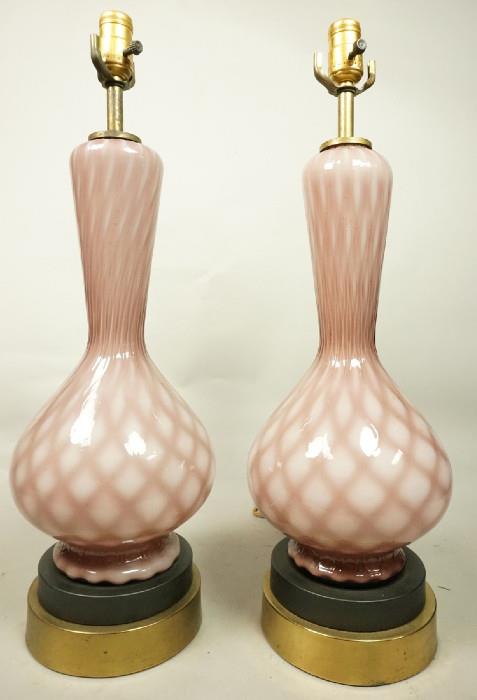 Lot 362  -  Pair Purple Murano Glass Table Lamps.  Diamond quilted design.  Metal bases.-- Dimensions:  H: 24 inches: W: 8 inches --- 