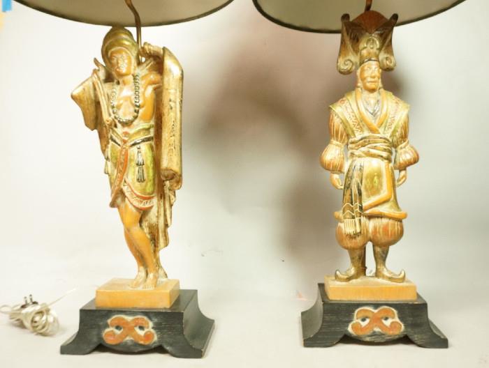 Lot 364  -  Pair Stasack Table Lamps.  Carved wood.  Gold highlights and black bases.  Matching finial.  Signed.-- Dimensions:  H: 35.5 inches: W: 16 inches --- 